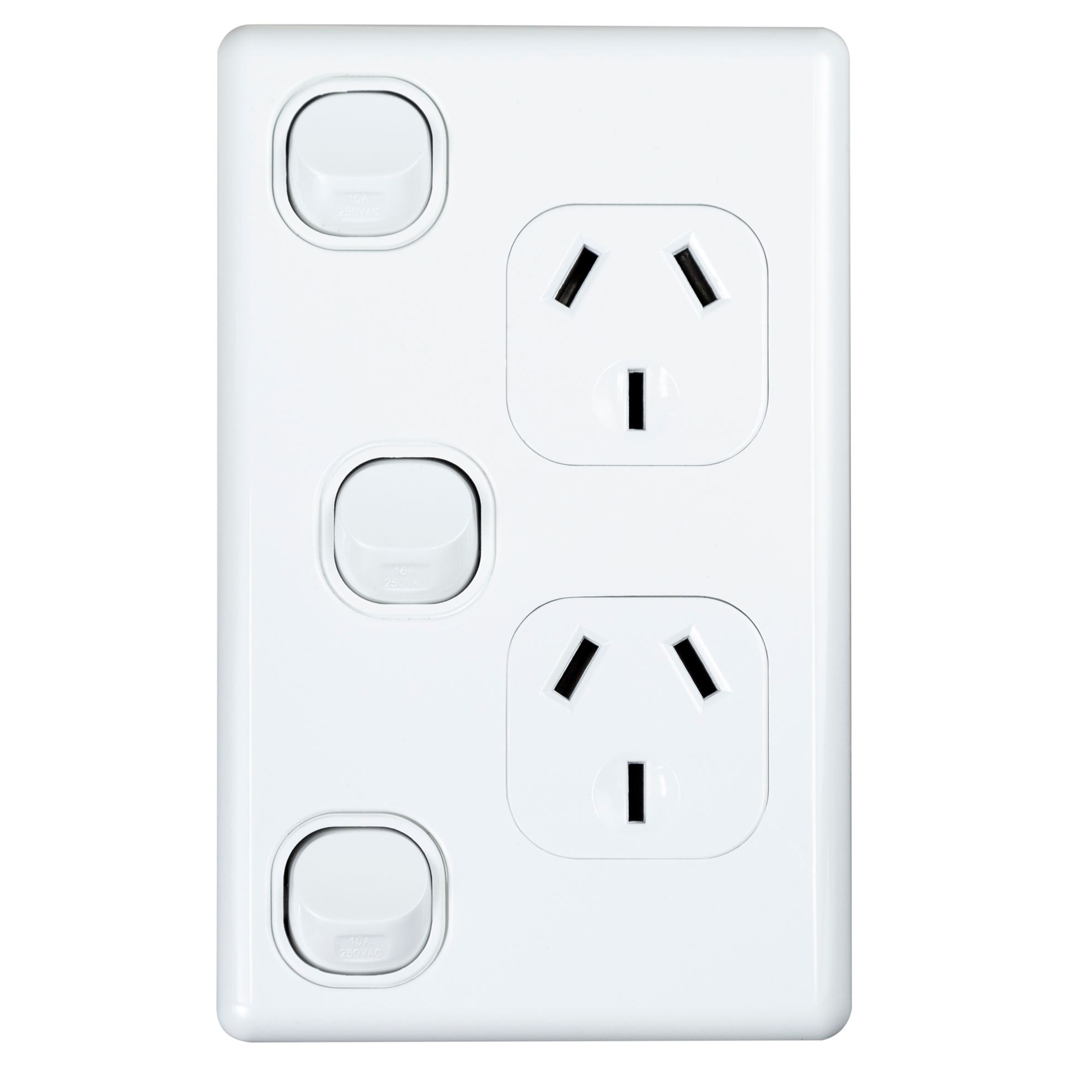 Double Vertical 10Amp Socket with Extra Switch - White